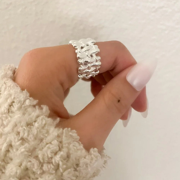 925 Sterling Silver Chunky Bold Statement Ring Thick Wide Ring Woven Ring Band - Picture 4 of 9